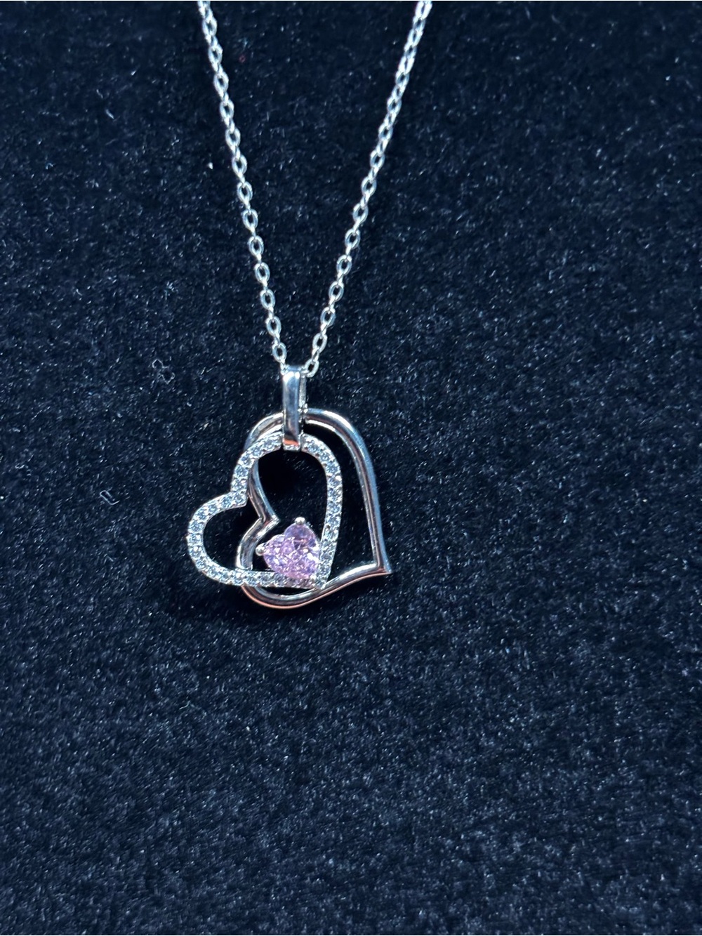 925 Silver Chain and Heart Pendant Necklace with Pink Stone